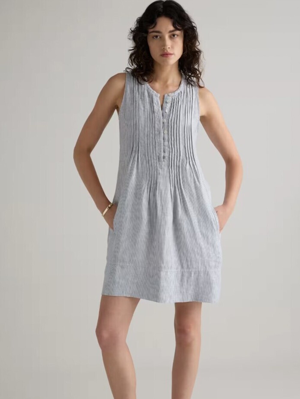 Quince Blue Pinstripe 100% European Linen Sleeveless Swing Dress - Size - Medium